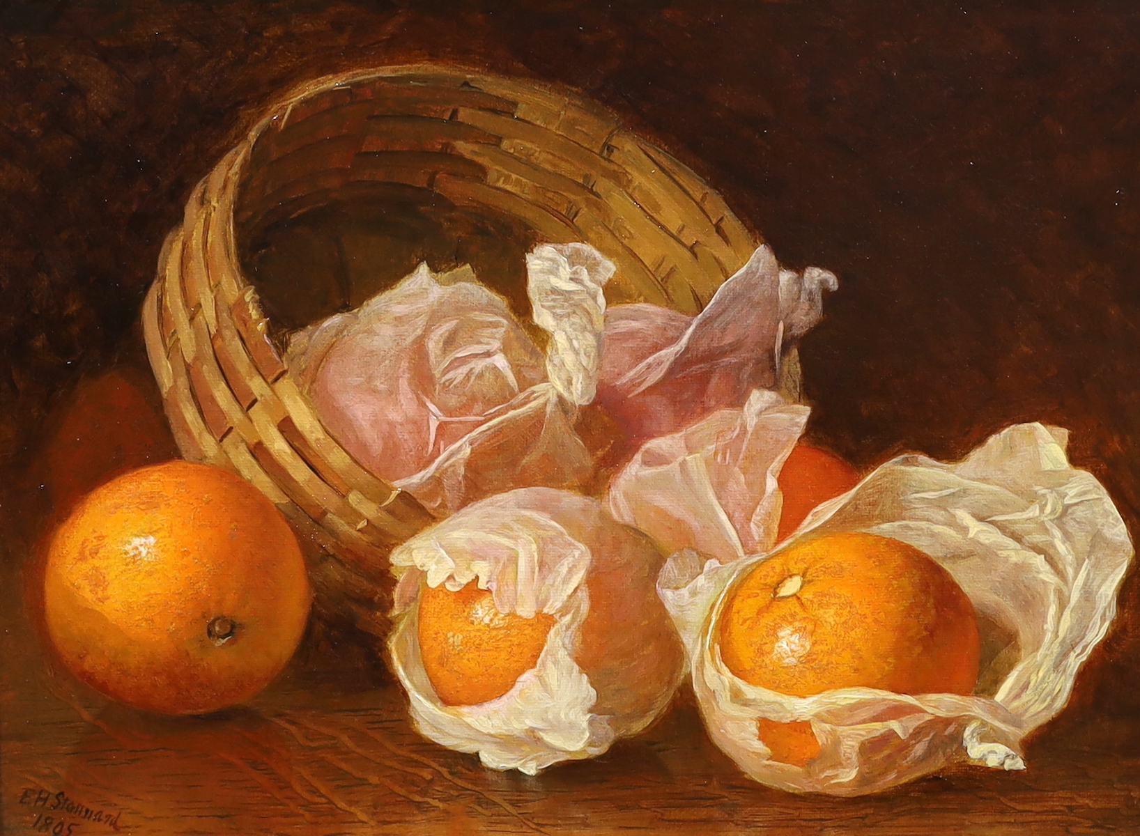 Eloise Harriet Stannard (English, 1829-1915), Still life of oranges and a basket, oil on canvas, 22 x 29cm